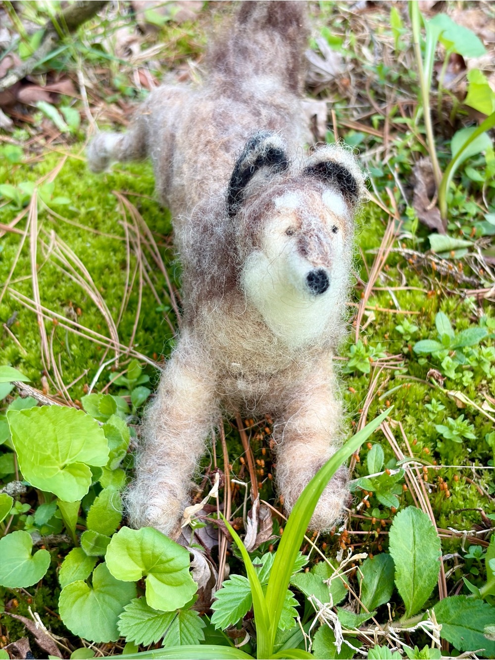 Handmade needle-felted figurine, possibly depicting a wolf, husky, or whippet